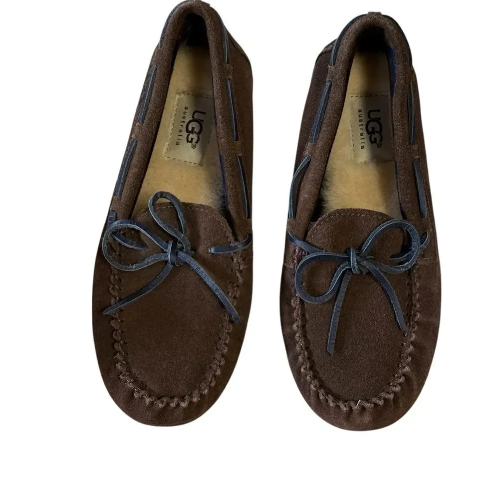 UGG Kids Chocolate Slipon Moccasin Suede Loafers with Bow Brown Size 3